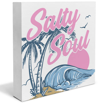 Retro Summer Decor, Beach Vibes Summer Decorations, Salty Soul Coastal Beachy Room Wood Sign for Desk Table Shelf 5 x 5 Inches