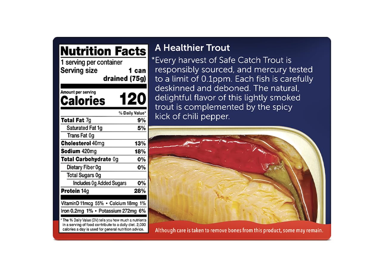 Safe Catch Smoked Rainbow Trout Fillets In Sunflower Oil With Chili, Skinless And Boneless Canned Fish, Mercury Tested, Pack Of 12