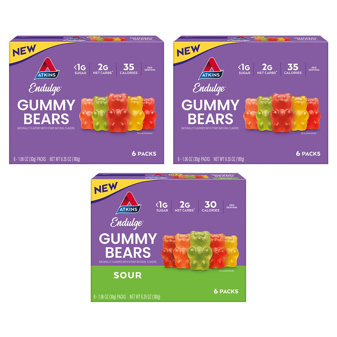 New Atkins Endulge Gummy Bears Variety Pack, Low Sugar*, Keto Friendly, Keto Candy, 18 Pack (12 Sweet Gummy Bears, 6 Sour Gummy 