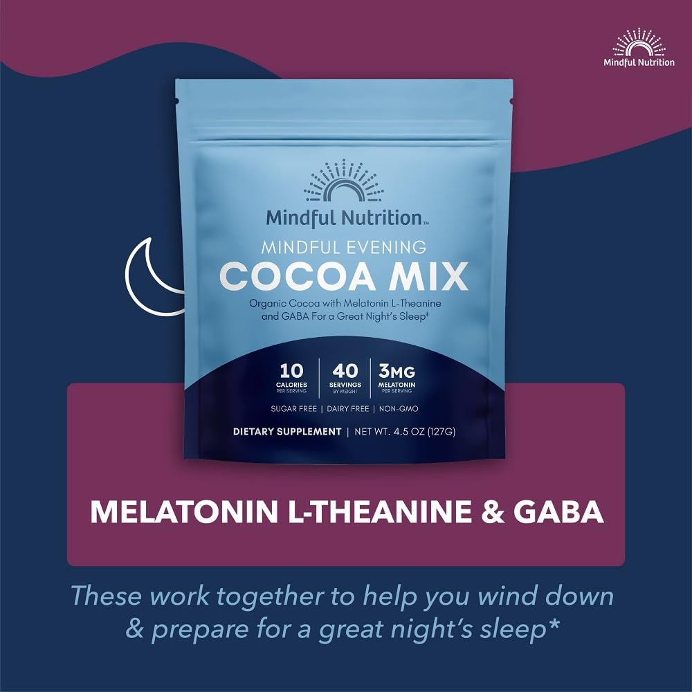 Mindful Evening Sugar Free Cocoa Mix Natural Sleep Aid  40 Servings  Melatonin 3mg  L-Theanine  GABA dietary products  Natural Calm Sleep Support Stress Relief Calm Sleepy Cocoa Nighttime Hot Chocolate