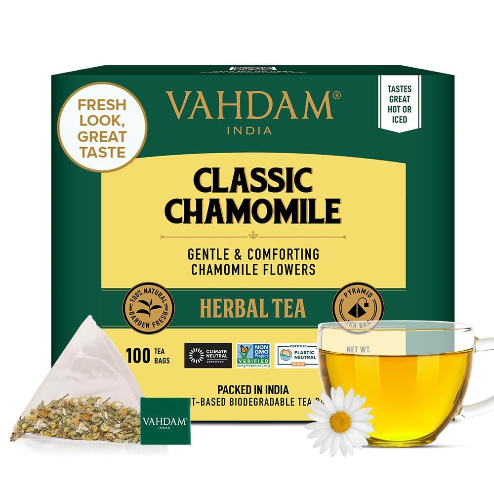 VAHDAM Chamomile Herbal Tea Bags - Caffeine Free, Non-GMO, Gluten Free, 100 Count, Resealable Ziplock Pouch