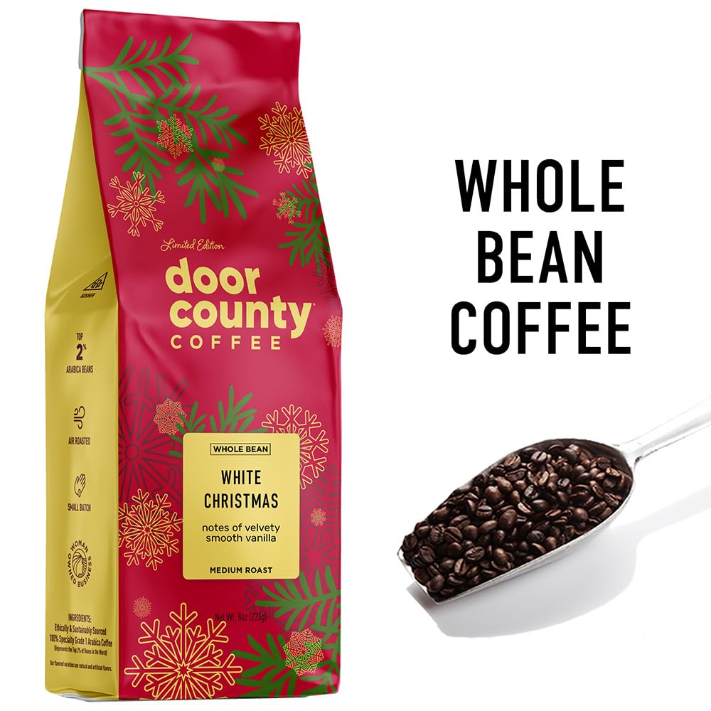 Door County Coffee White Christmas Flavored Coffee Whole Bean - 8oz Bag - Holiday Seasonal - Medium Roast - 100% Specialty Arabi