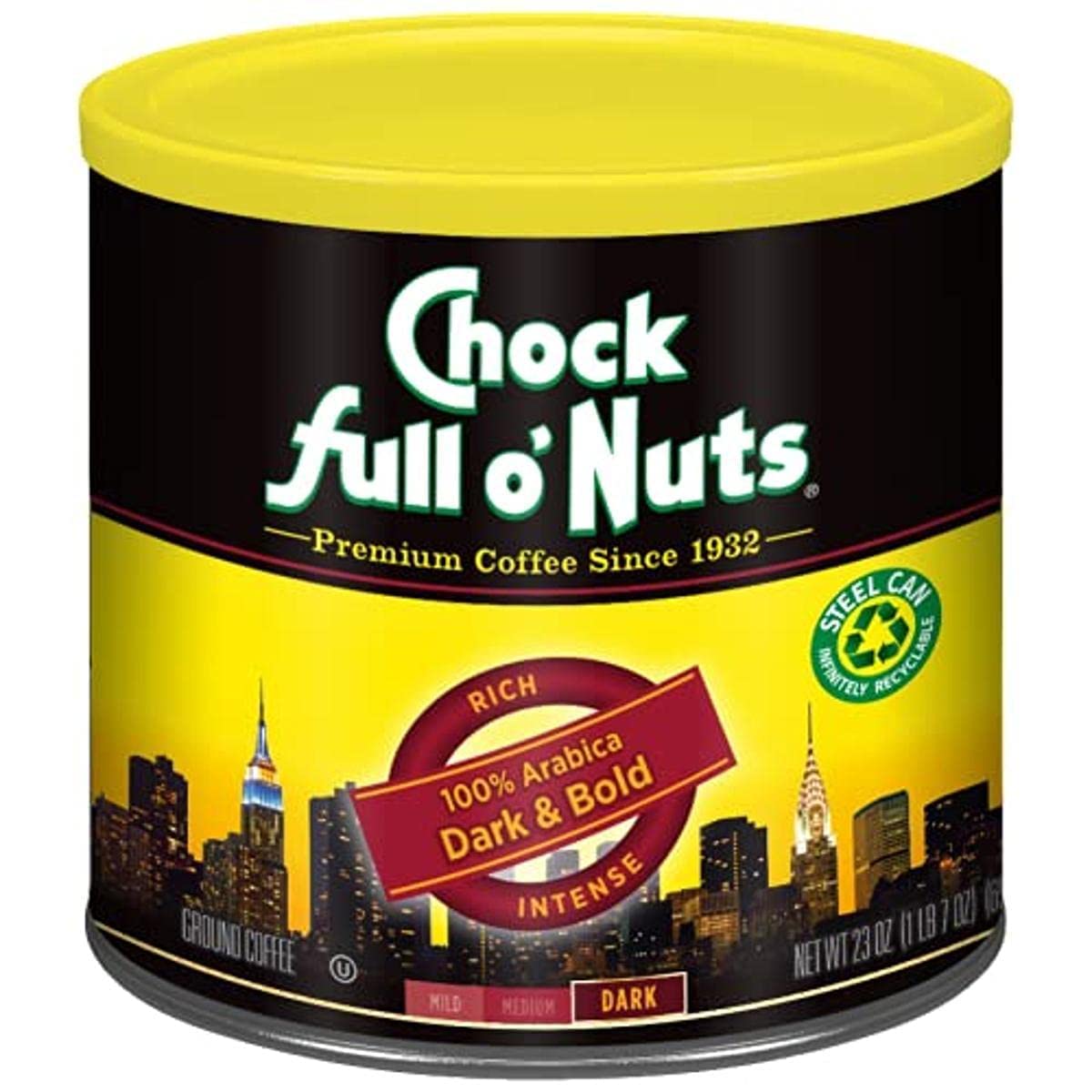 Chock Full o’ Nuts Dark & Bold Roast Ground Coffee - 23 Oz Can - Arabica Coffee Beans - Full-Bodied Dark Blend