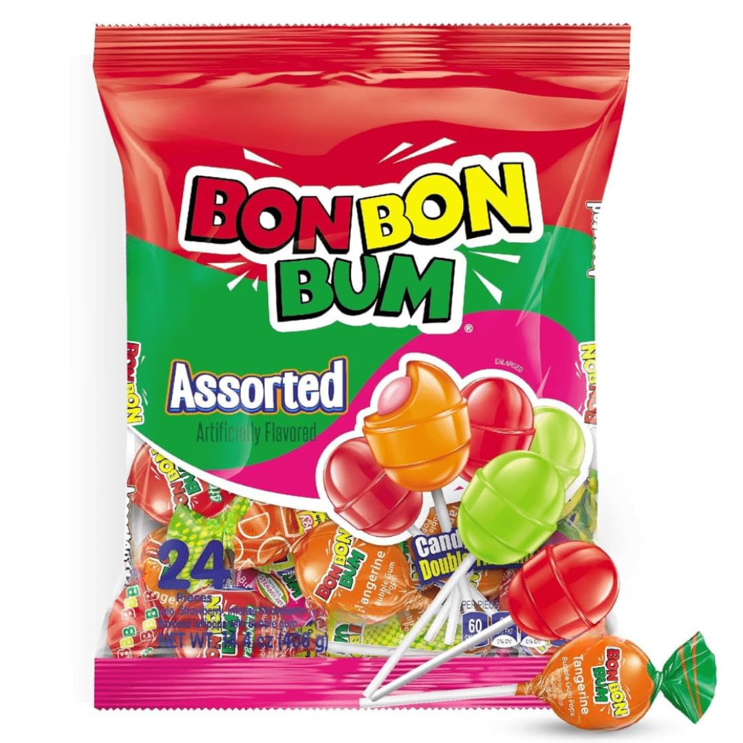 Bon Bon Bum - Fruity Lollipop with Bubble Gum center - Perfect for Parties and Sharing (24 Pieces, Assorted Flavors)