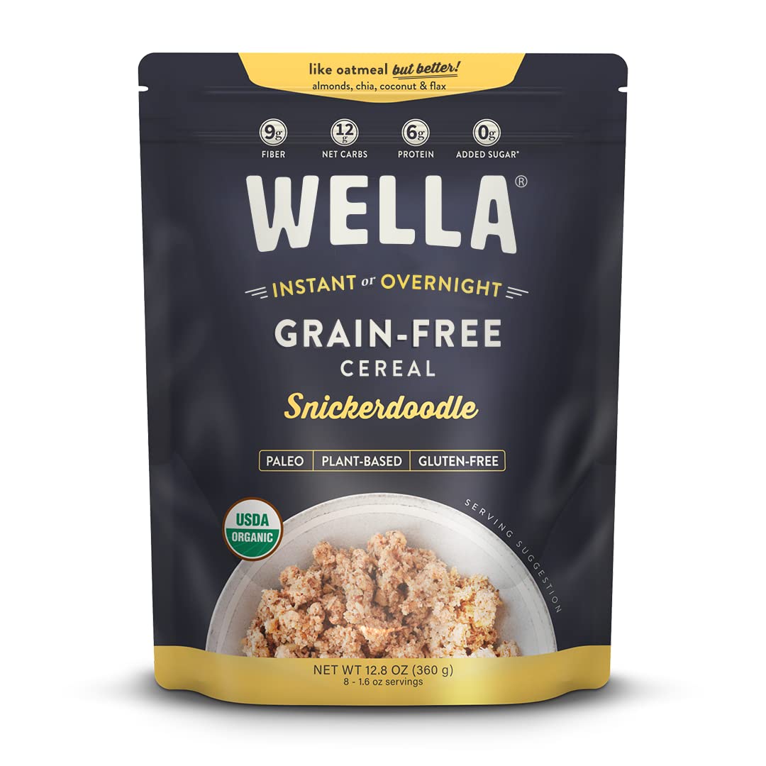Wella Cereal Oatmeal Alternative, Gluten-Free Breakfast Hot Cereal, Grain-Free Paleo Organic Vegan High Protein Superfood, Plant-Based Non-Gmo, Low In Net Carbs, Multi-Serve Bag, Snickerdoodle Flavor (1 Count, 12.8 Oz. Bag)