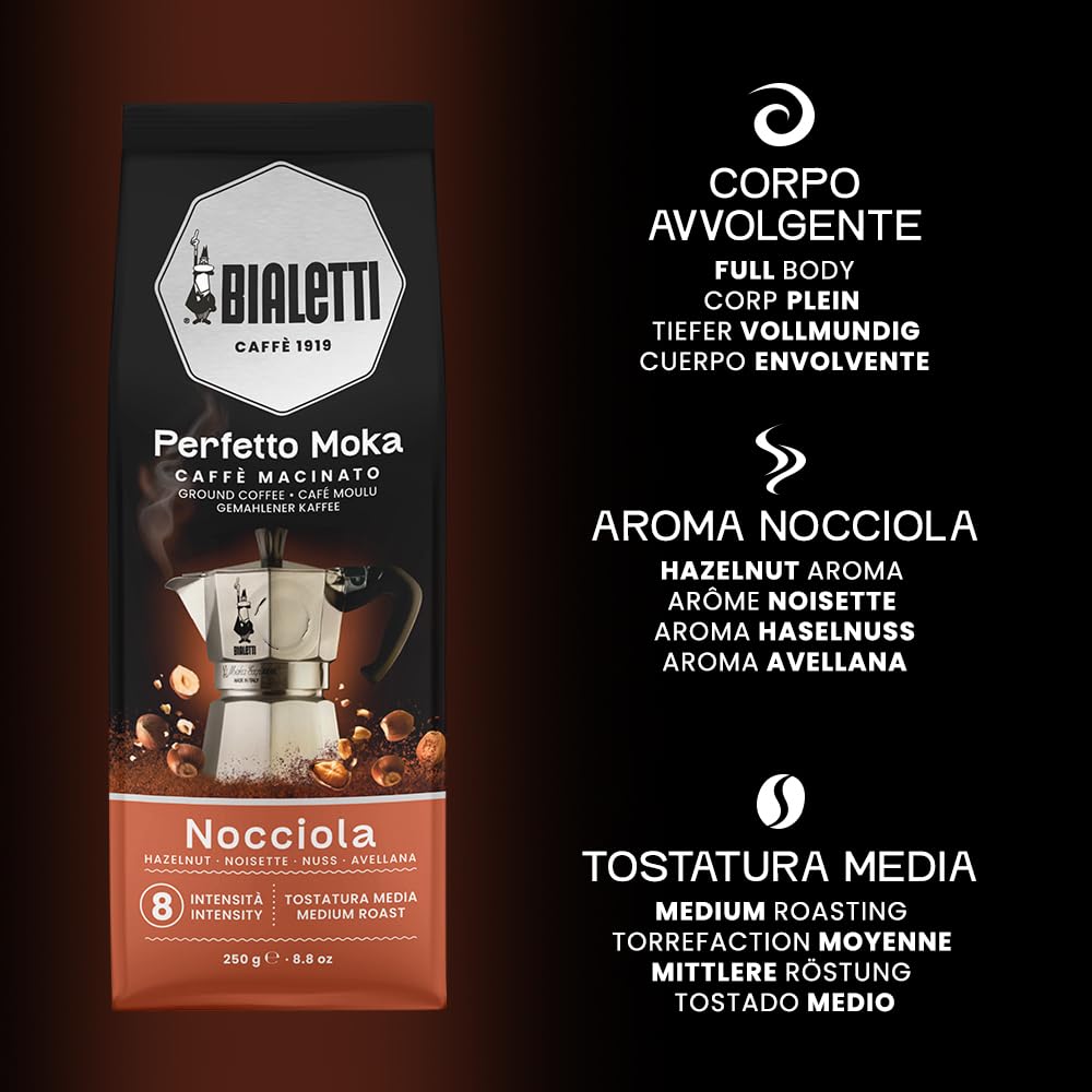 Bialetti - Perfetto Moka Nocciola: Medium Roasting Ground Coffee, Hazelnut Aroma, 8.8 Oz - 250G, Bag With Flavour-Saving Valve