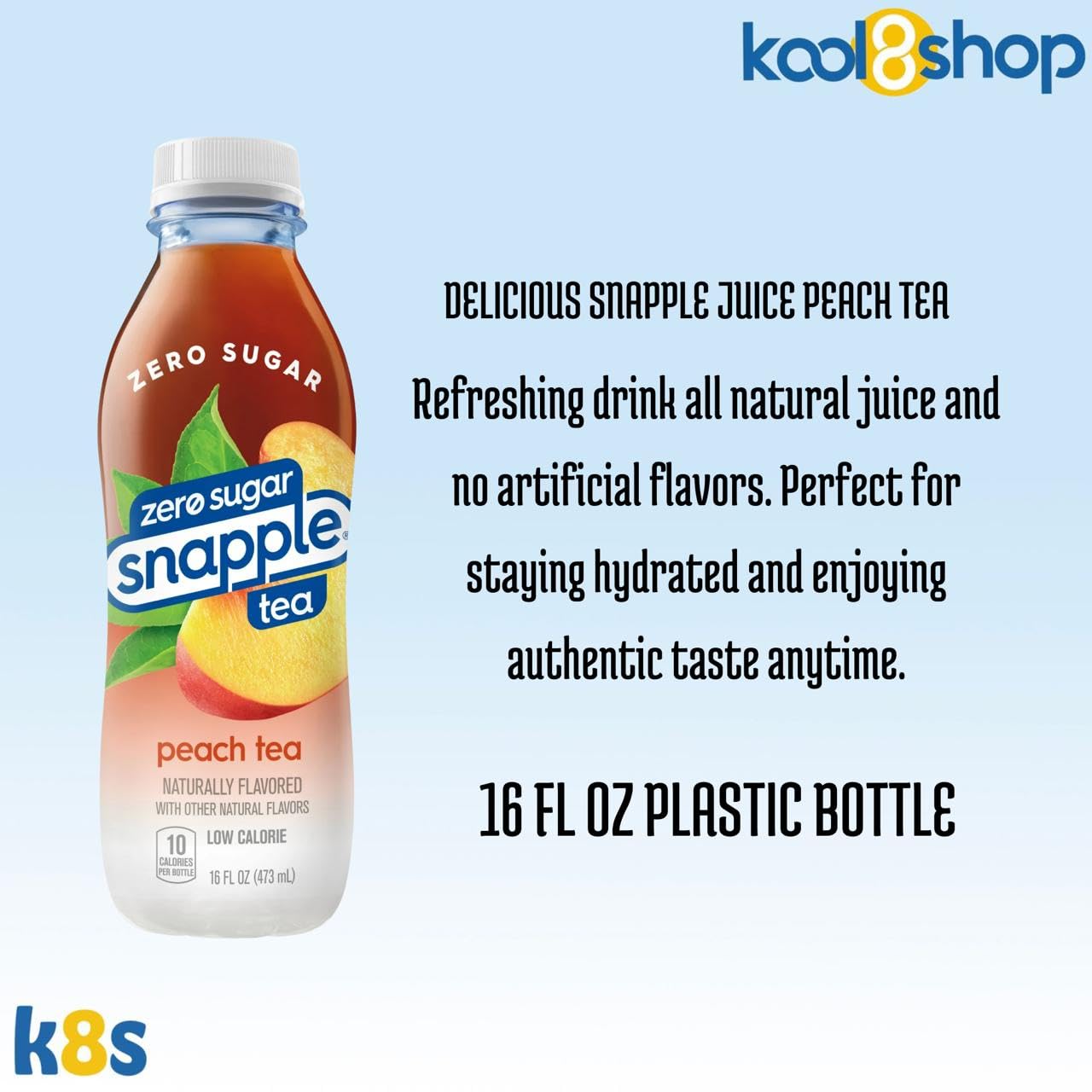Snapple Zero Sugar Peach All Natural Iced Tea 16 Fl Oz Plastic Bottles 16 Pack + 15 Sugarcane Disposable Straws By Kool8Shop Inf