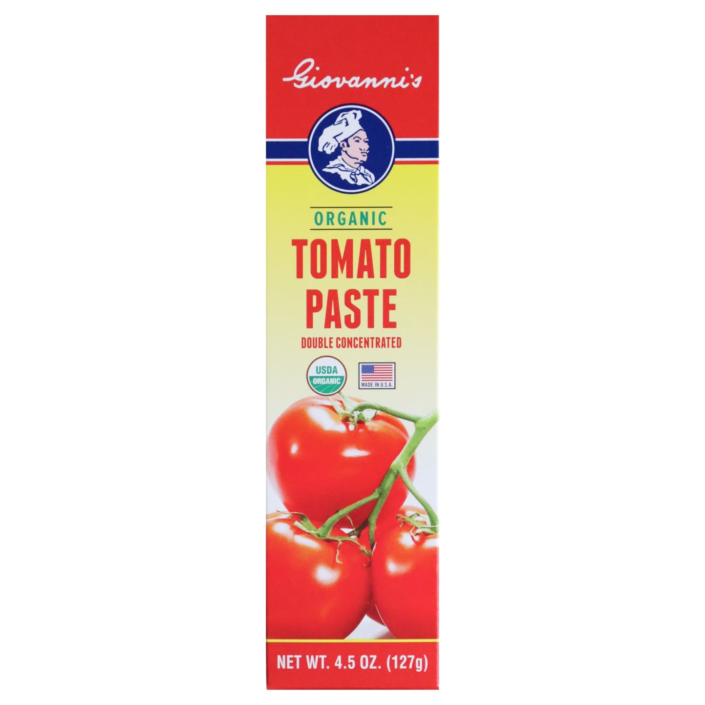 Giovannis Organic Double Concentrated Tomato Paste - Made in the USA with San Joaquin Valley Vine-Ripened Tomatoes, 4.5 oz Tube 
