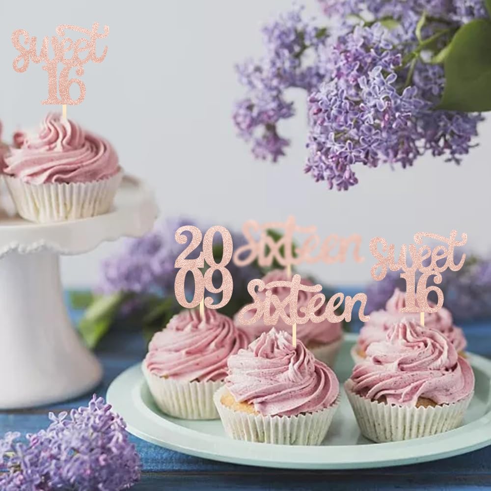Partico 24 Pcs Cupcake Toppers, Sweet 16 Rose Gold Glitter Decorations, Paper, for 16th Birthday Party