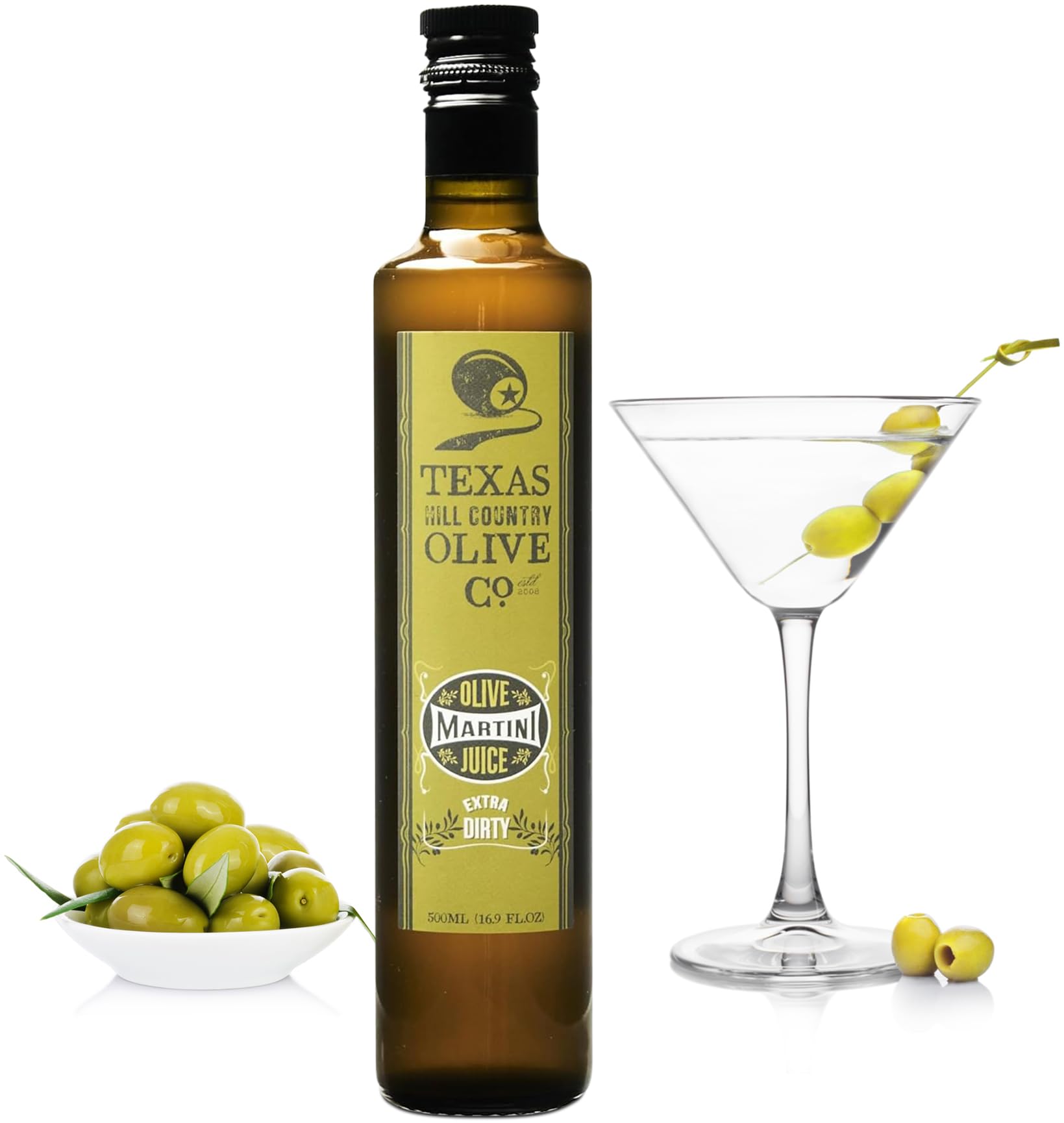 Texas Hill Country Olive Co. Extra Dirty Beverage-Style Olive Juice - Top-Grade Olive Brine For Bold Flavor  Classic Mixed Flavor Mixer & Home Bar Essential - Made In Texas (16.9 Fl Oz)