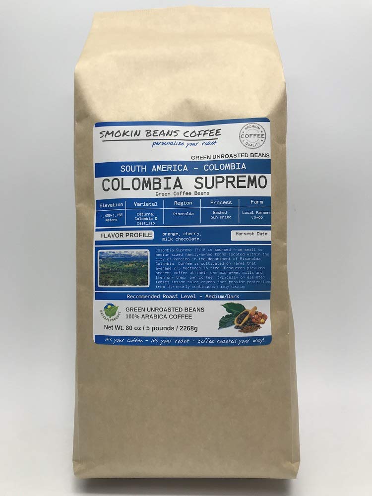 Smokin Beans 5-Pound Colombia Supremo Unroasted Green Arabica Coffee Beans Specialty Grade
