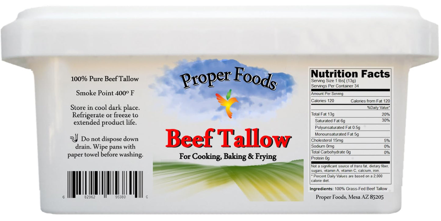 Proper Foods 100% Grass-Fed Beef Tallow - Pasture Raised - For Cooking, Baking & Frying - 16 Oz