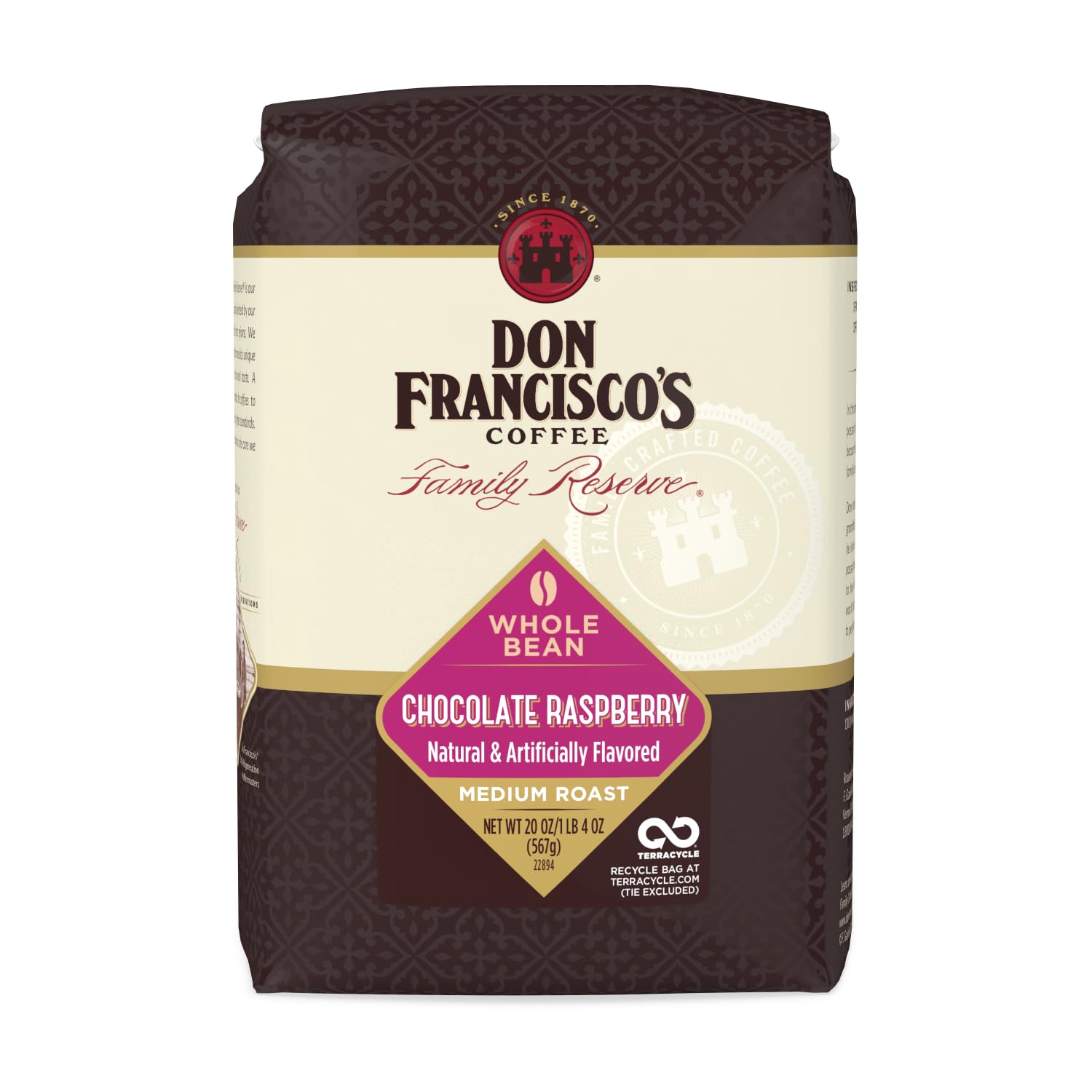 Don Francisco's Chocolate Raspberry Flavored Whole Bean Coffee, Medium Roast - 100% Arabica, Naturally & Artificially Flavored, 