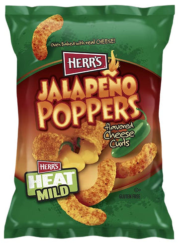 Herrs Jalapeno Poppers Flavored Cheese Curls, Gluten Free Snacks, 7.5oz Bag (9 Count)