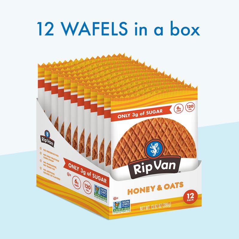 Rip Van Wafels Honey And Oats Stroopwafels, Healthy Snacks, Non-Gmo, Keto Friendly, Office Snacks, Low Sugar (3G), Low Calorie, 12 Pack