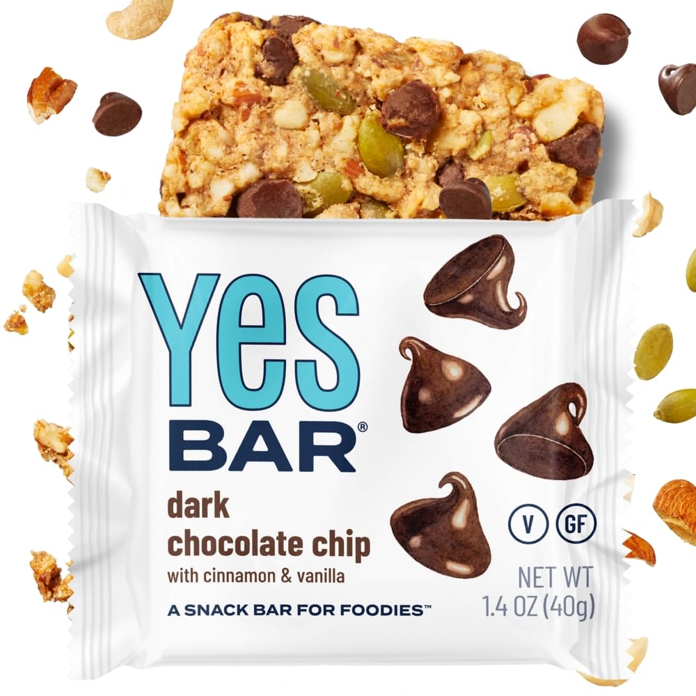 The Yes Bar - Dark Chocolate Chip - Plant Based Protein  Decadent Snack Bar - Vegan  Paleo  Gluten Free  Dairy Free  Low Sugar  Healthy Snack  Breakfast  Low Carb  Keto Friendly (1.4 Oz Bar)