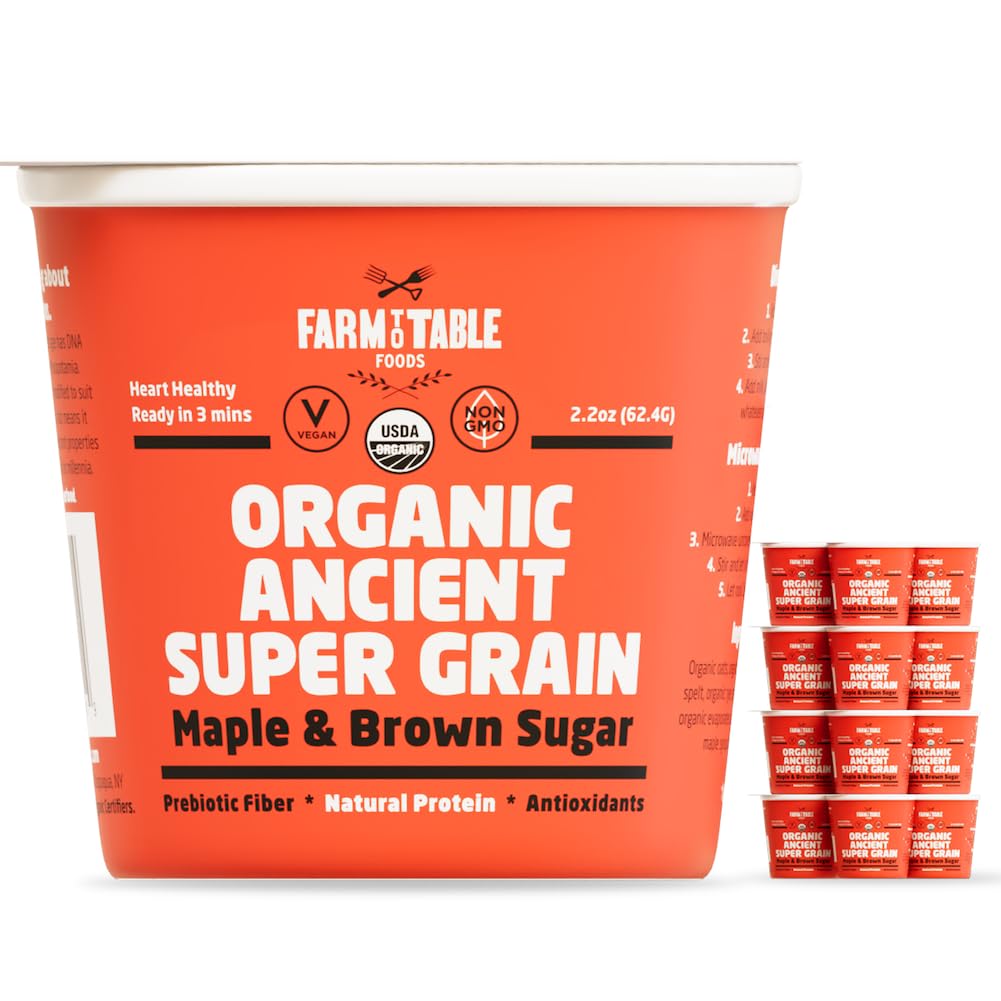 Farm to Table Foods Organic Ancient Super Grain Oatmeal Individual Serving Cups, Maple and Brown Sugar - High Protein, Non-GMO, 