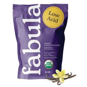 Fabula Vanilla Flavored Organic Coffee Freshly Grounded - Organic - Low Acid - Single Origin - Non-Gmo - Mold Free - 12 Ounces