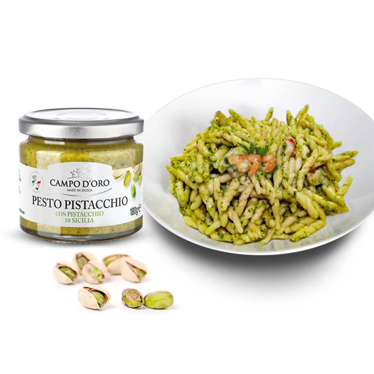 Campo D'Oro - Pistachio Pesto, Paste, Unsweetened, Sicilian Pesto Sauce, Savory, Creamy, Spreadable, 6.35Oz, Sicily