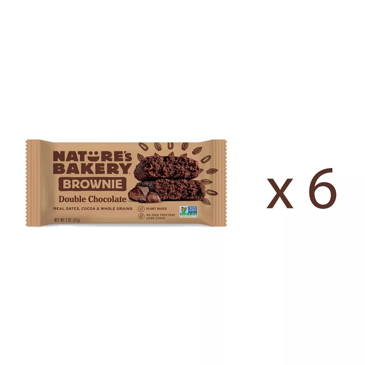 Natures Bakery Whole Wheat Fig Bars, Double Chocolate Brownie, Real Fruit, Vegan, Non-GMO, Snack bar, 1 box with 6 twin packs
