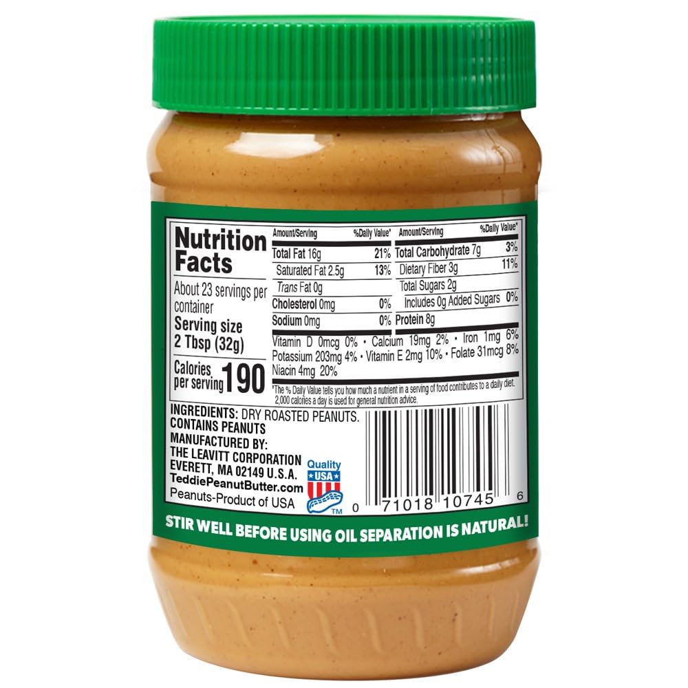 Teddie All Natural Smooth Unsalted Peanut Butter, Gluten Free & Vegan, Plastic Jar (26 Ounce (Pack Of 1))