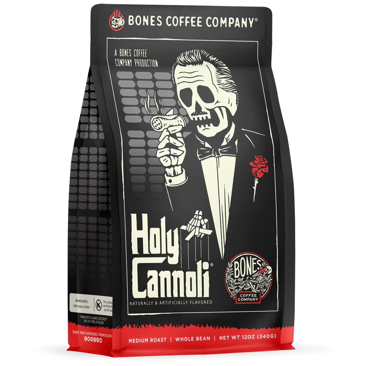 Bones Coffee Company Holy Cannoli Whole Coffee Beans Cannoli Flavor, Low Acid Flavored Coffee, Made With Arabica Coffee Beans, M