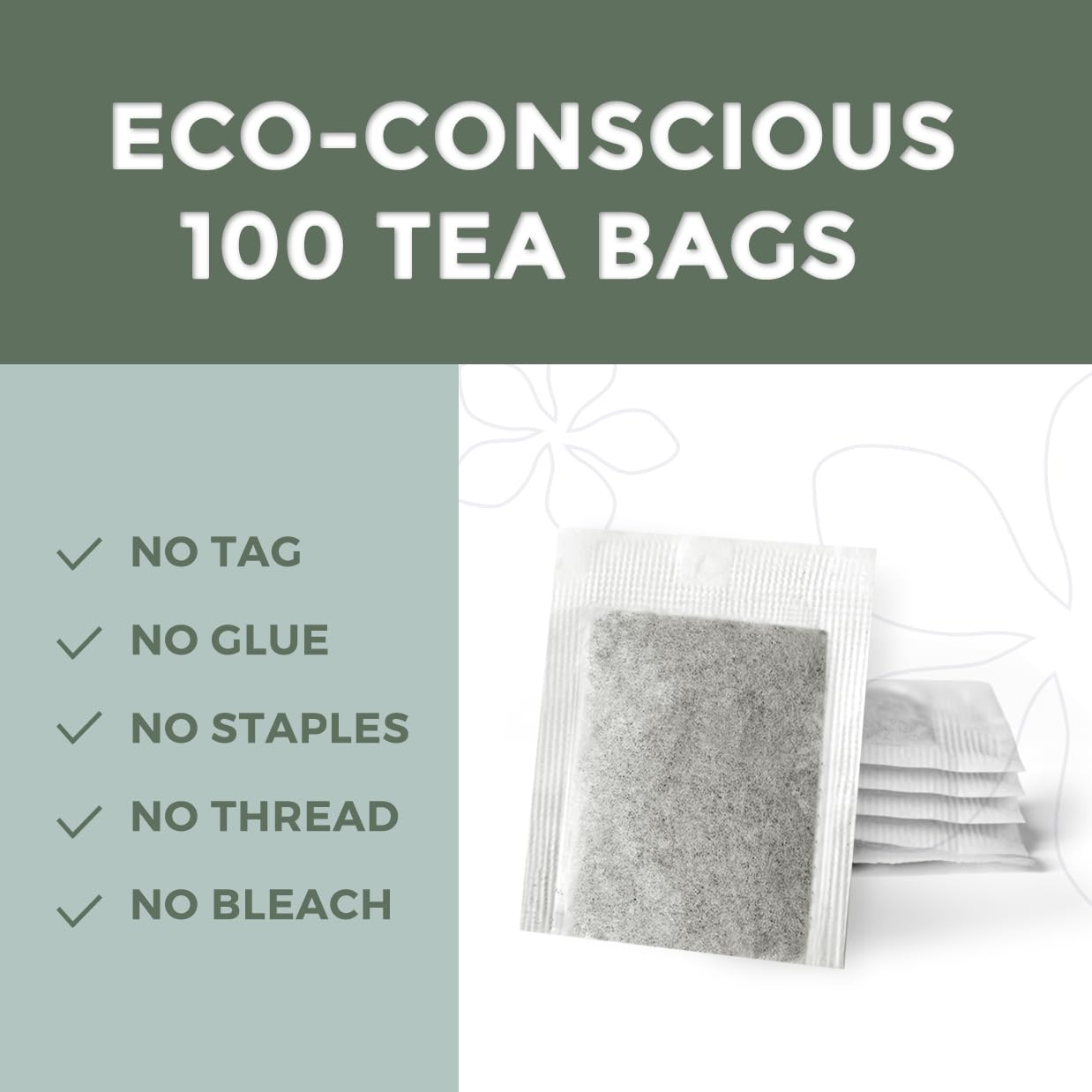 Fescha Organic Decaf Jasmine Green Tea Bags Flower-Scented Tea (100-Count), Eco-Conscious Tea Bags, Packed By Resealable Kraft B