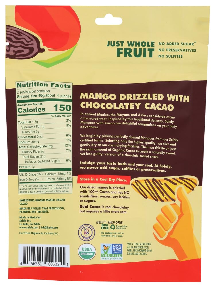SOLELY Dried Organic Mango Strips with 100% Cacao, 2.8oz - 8 Bags