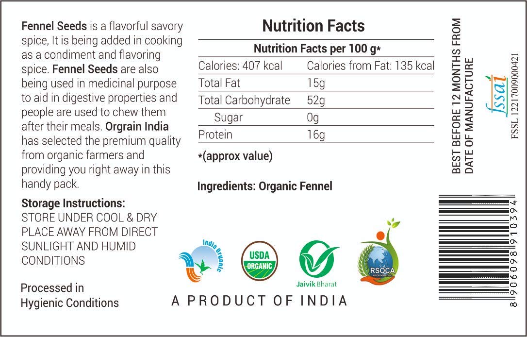 Orgrain India Organic Fennel Seeds, 120G | Saunf | Variyali | Whole Indian Spices