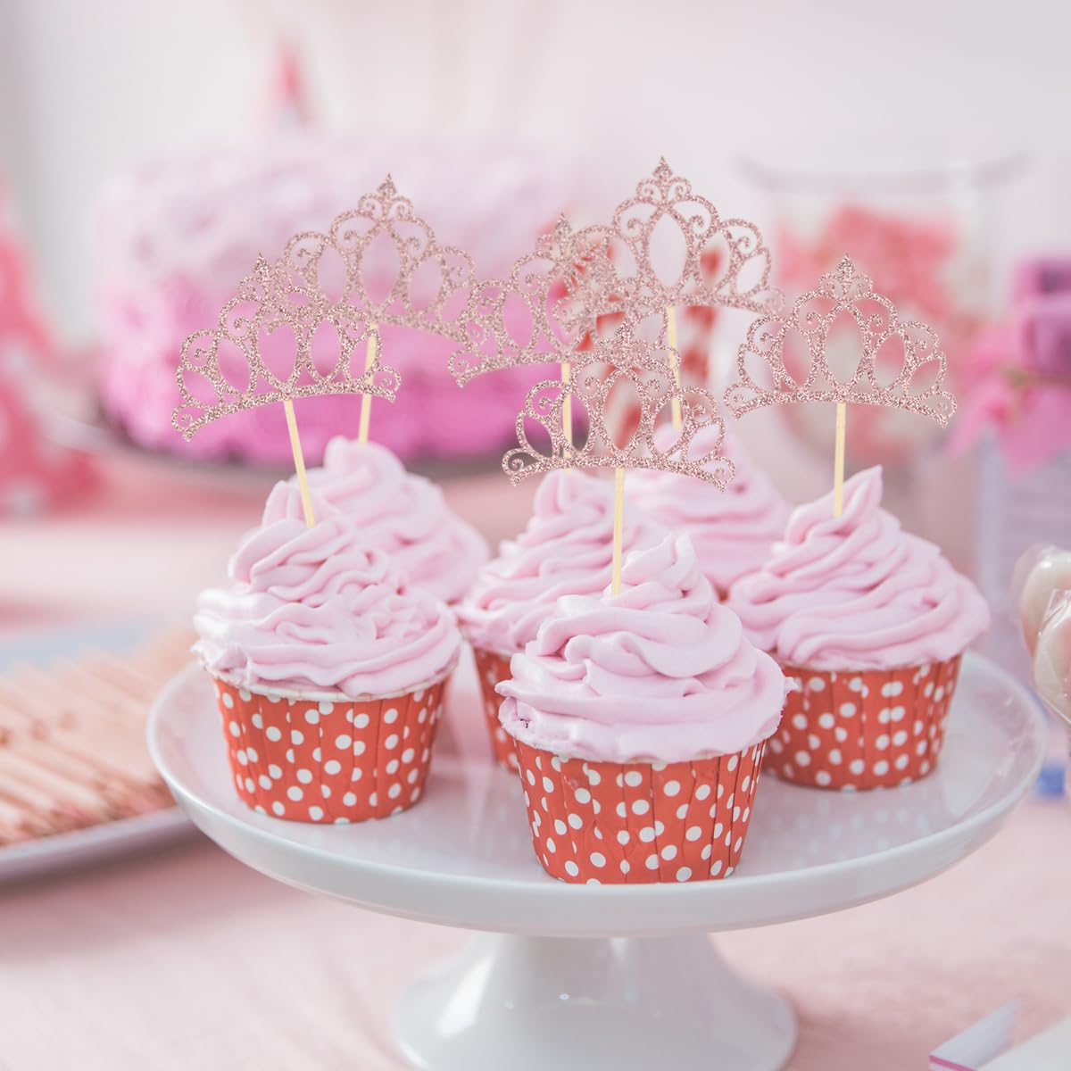 Donoter 48 Pieces Rose Gold Glitter Princess Crown Cupcake Toppers Picks For Birthday Baby Shower Party Cake Decorations