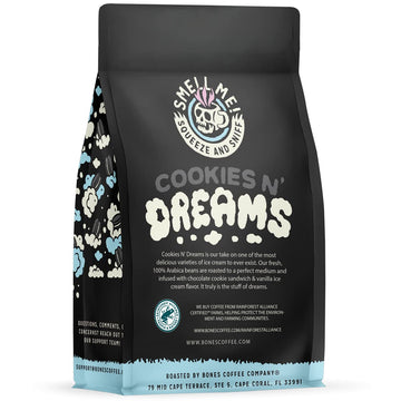 Bones Coffee Company Cookies 'N Dreams Ground Coffee Beans Cookies & Cream Flavor, Low Acid Flavored Coffee, Made With Arabica C
