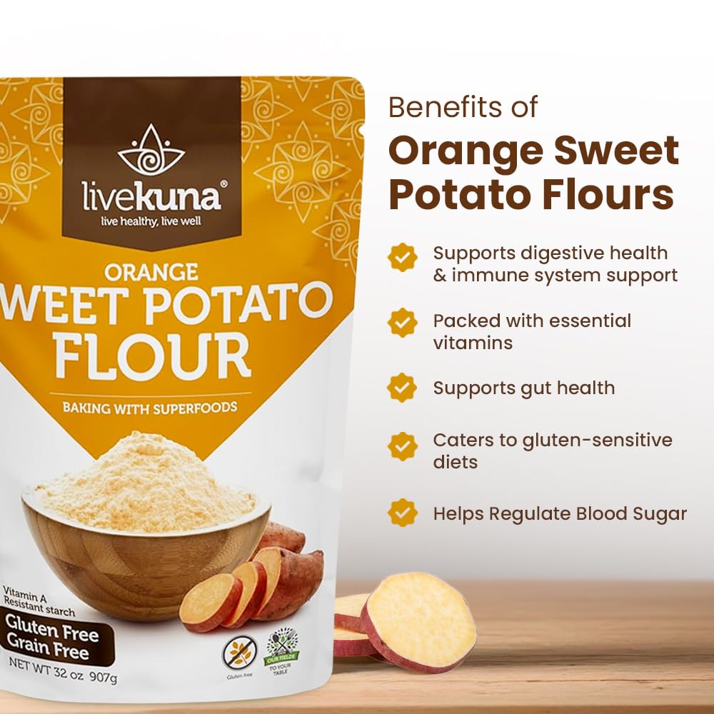 Livekuna - Orange Sweet Potato Flour, Sweet Potato Flour For Baking, Gluten-Free Baking Flour, Alternative For Almond Flour, Rice Flour & Coconut Flour, Sweet Potato Powder Flour For Soups & Sauces