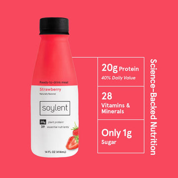 Soylent Strawberry Meal Replacement Shake, Ready-to-Drink Plant Based Protein Drink, Contains 20g Complete Vegan Protein and 1g