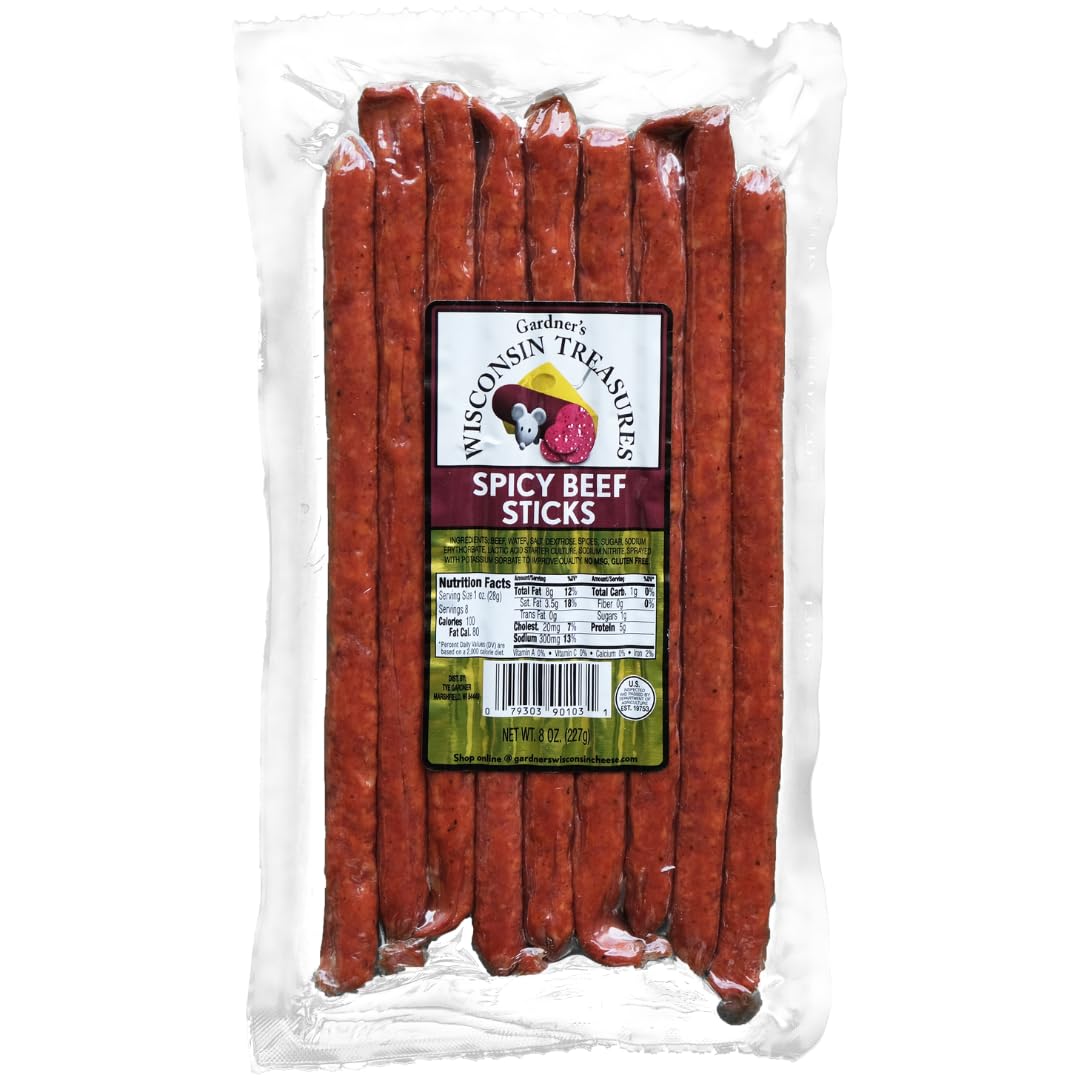 Gardners Wisconsin Cheese, Meat Sticks (1 Ounce Sticks, Pack of 8) - Spicy Beef Flavor, Low Carb Snack, Does Not Require Refrig