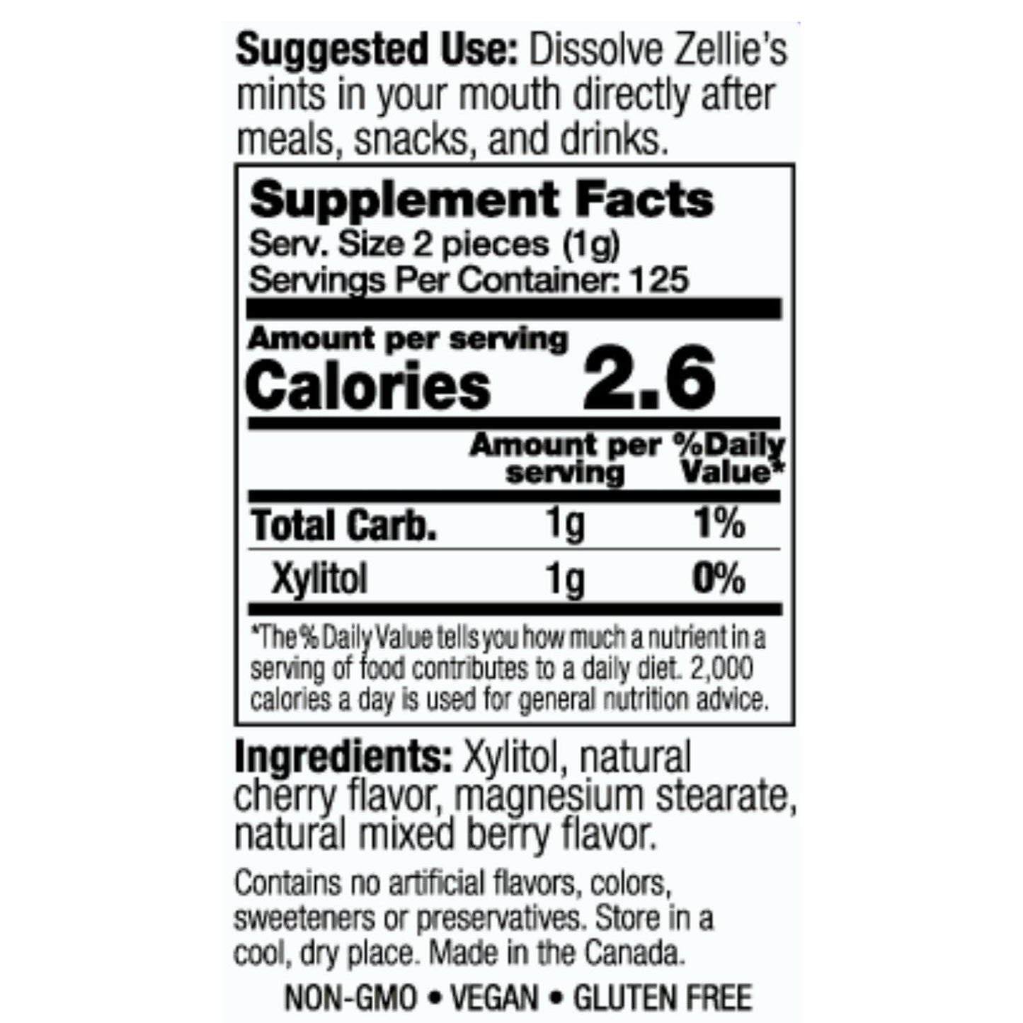 Zellie'S 100% Xylitol Sugar Free Cherry Berry Breath Mints  Non-Gmo, Low-Calorie, Gluten Free, Vegan & Kosher Mints (250 Count -