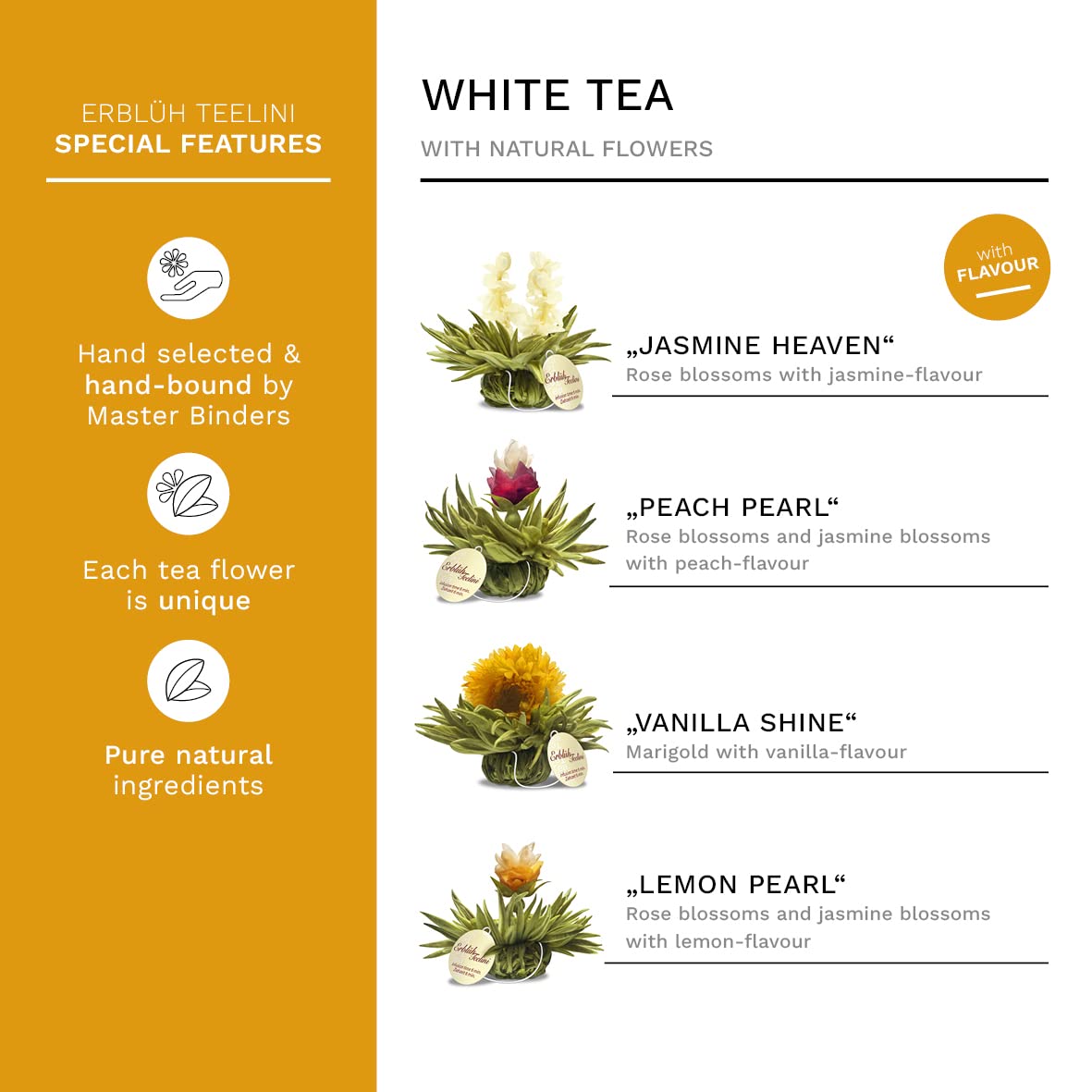 Creano Blooming Tea Flowers - 8 Flowering Teas in 4 Varieties - White Tea - Model 137