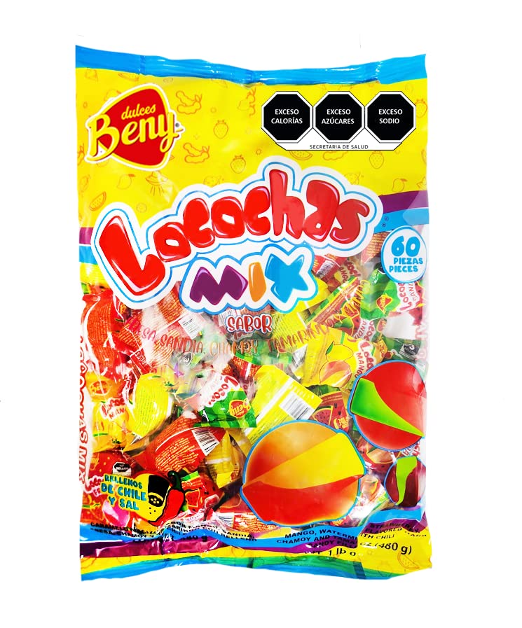 Beny Locochas Hard Sugar Candy With Chili Powder Center Mix Flavors 1Lb .093 Oz Bag 60 Pcs