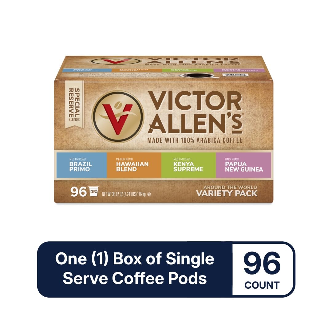 Victor Allens Coffee Variety Pack, 96 Count Single Serve Pods, Includes Brazil Primo, Kenya Supreme, Kona Blend, Papua New Guinea, Brown
