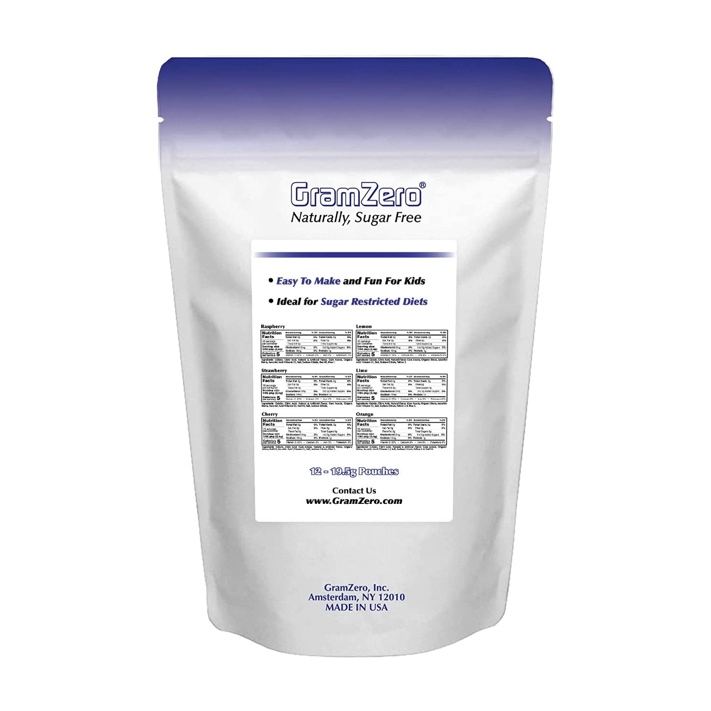 Gramzero Variety (Raspberry, Strawberry, Cherry, Lemon, Lime, Orange) Sugar Free Gelatin Mix 12-Pack, Zero Carb Dessert, Stevia Sweetened