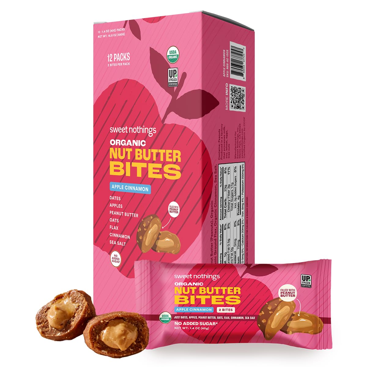 Sweet Nothings, Apple Cinnamon, Usda Organic Nut Butter Bites Protein Bar, Nut & Date Snack, Filled With Peanut Butter, 12-2 Bit