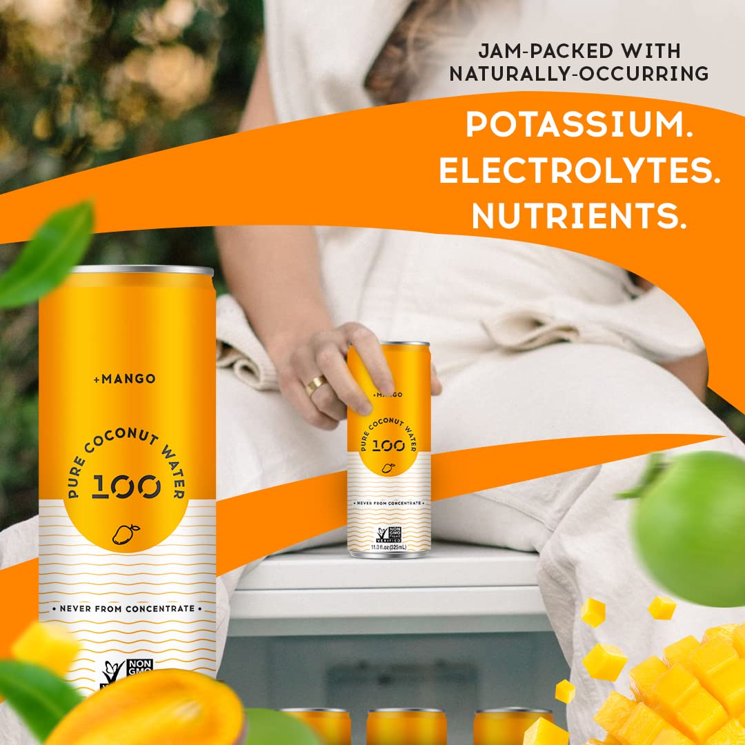 100 Coconuts Mango Pure Coconut-100% Pure Coconut Water - Low Calorie All-Natural Drink with Electrolytes - Naturally Sweet  no preservatives- Non-GMO  11 fl oz  Pack of 12 (Pure Coconut Water)