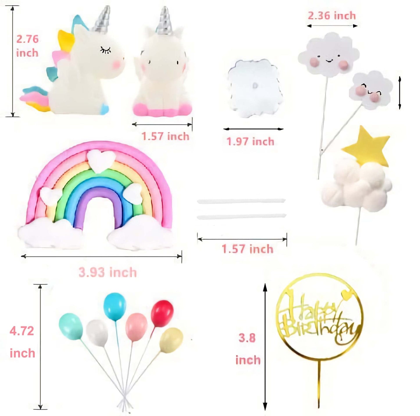 Unicorn Cake Topper, Qoadwem 15Pcs Unicorn Rainbow Cake Toppers For Girls With Rainbow Heart Unicorn Cloud Balloon Happy Birthda