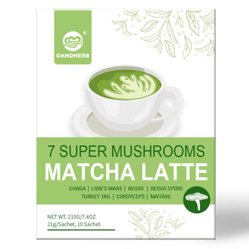Ganoherb Mushroom Matcha Latte Powder, 7.4 Ounce, 7 Superfood Mushrooms With 25% Beta-Glucans, Lions Mane, Reishi, Chaga, Coconu