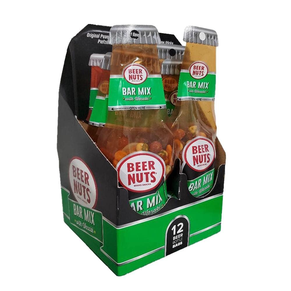 BEER NUTS Bar Mix with Wasabi - Pretzels, Cheese Stix, Sesame Stix, Insane Grain & Wasabi Peas - 12 Pack, 1.25oz