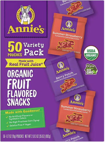 Annie'S Fruit Snacks Variety 50 Pack Size Organic Fruit Flavoured Snacks Berry Patch And Summer Strawberry, Pack Of 50 Pouches,