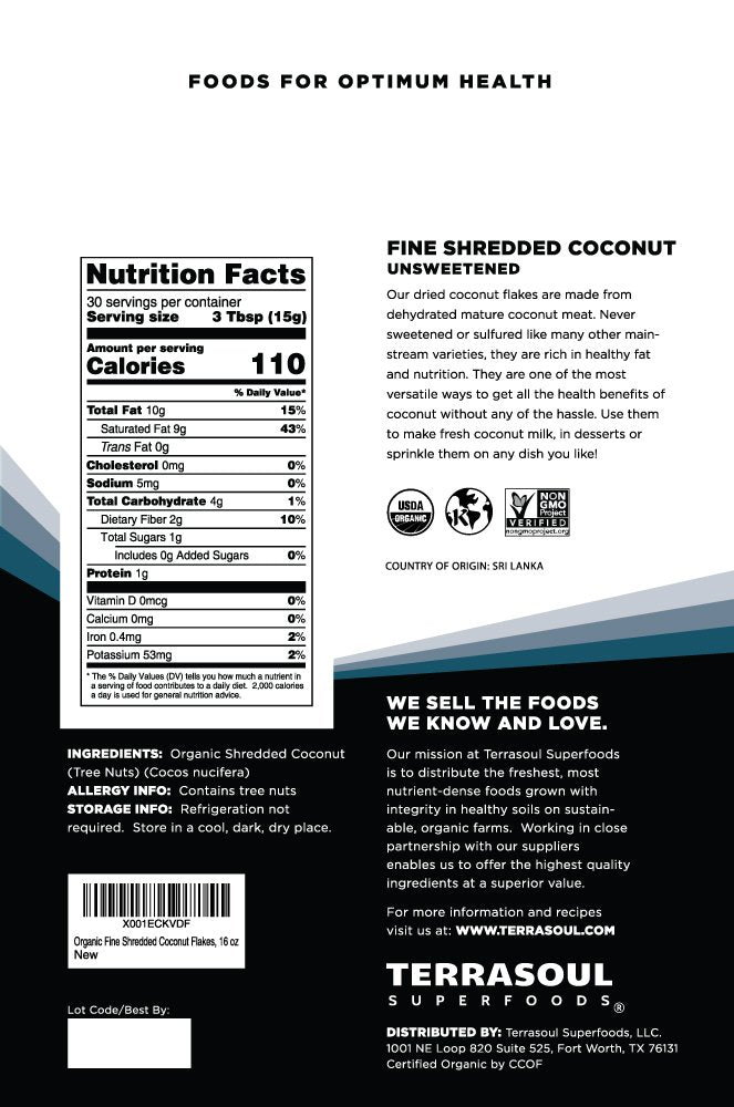 Terrasoul Superfoods Organic Coconut Flakes, Finely Shredded, 16 Oz