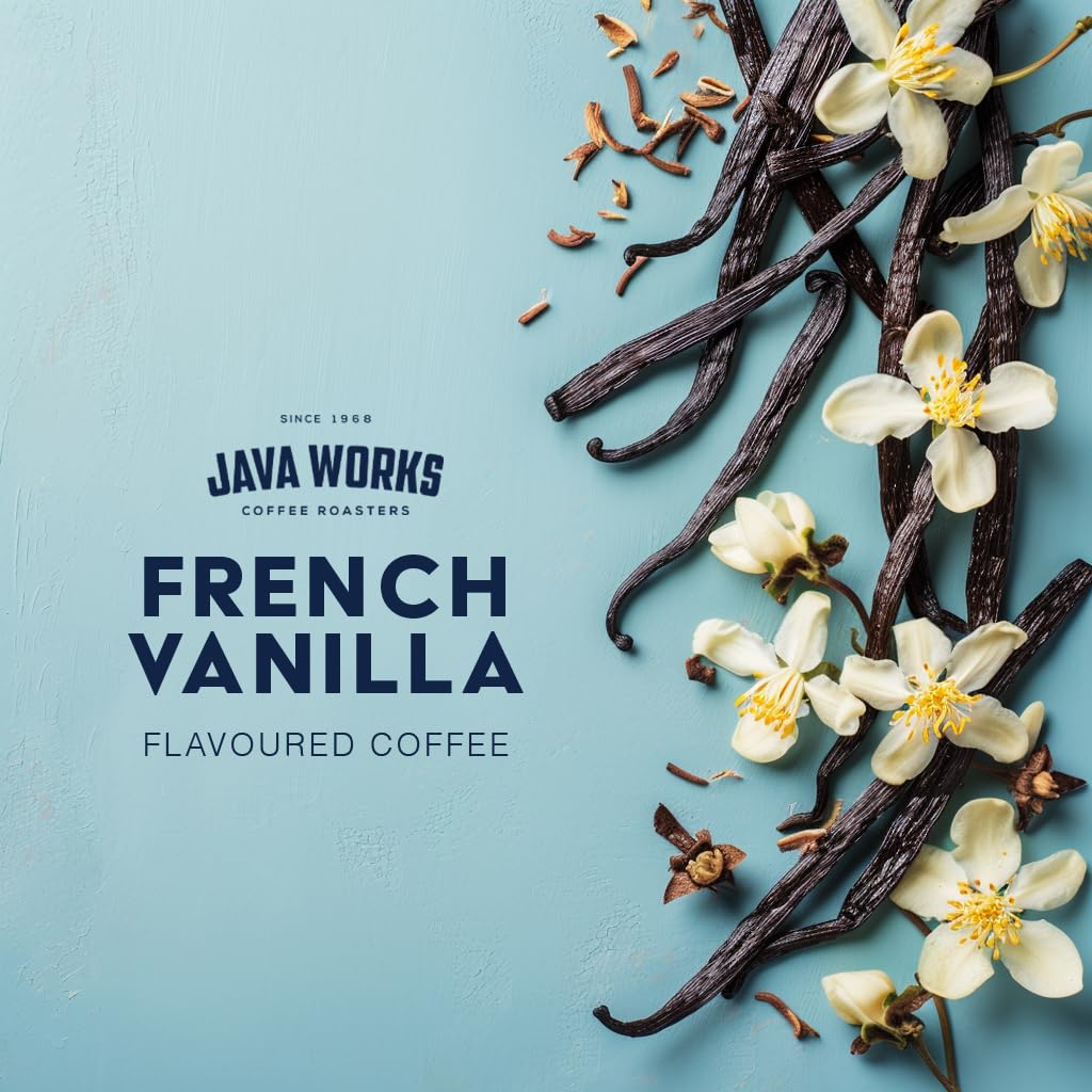 Java Works Coffee - French Vanilla Flavored Coffee | 12 Ounces | Medium Roast | Whole Bean | No Sugar Added