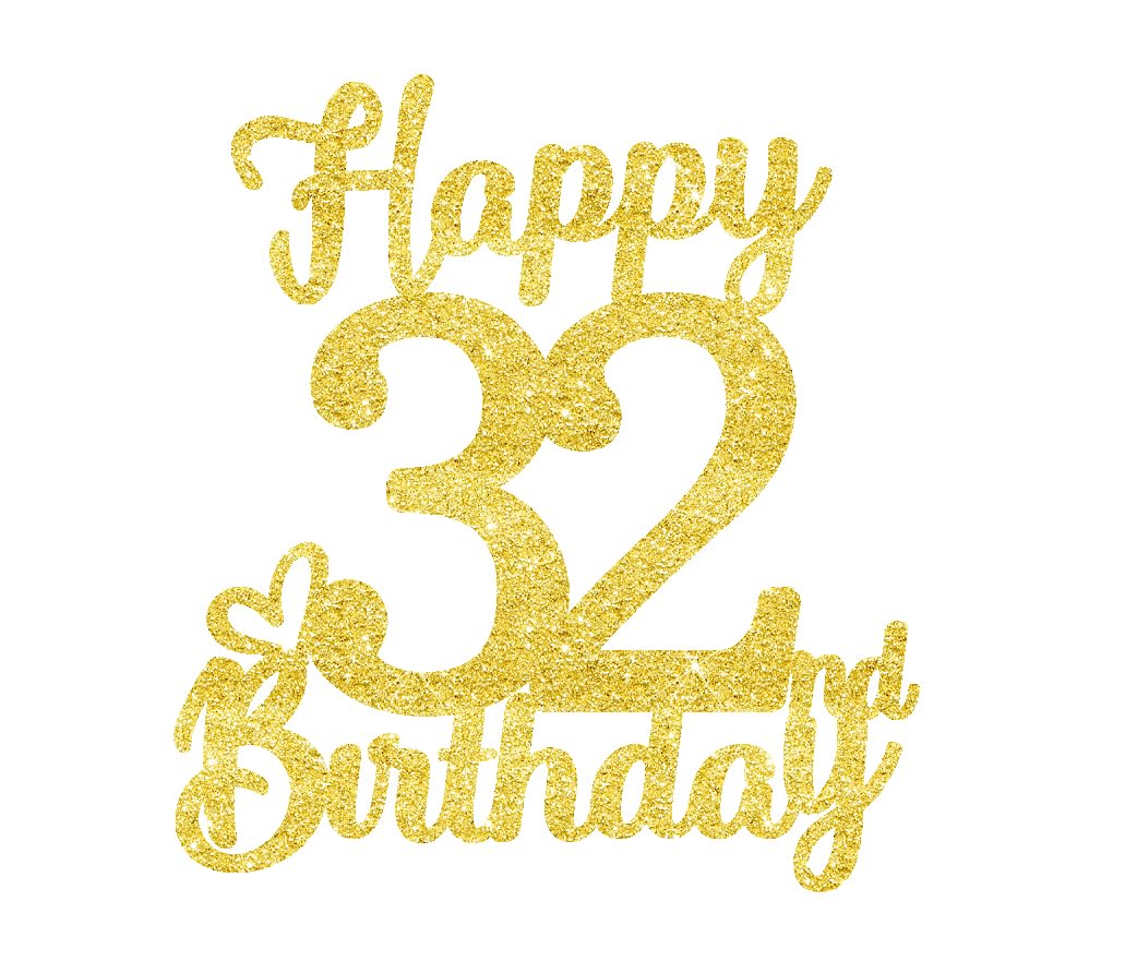 32 Birthday Cake Toppers - Gold Glitter, 32Nd Birthday Decorations For Men & Women