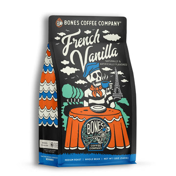 Bones Coffee Company French Vanilla Coffee Whole Coffee Beans, Low Acid Flavored Coffee, Made With Arabica Coffee Beans, Medium