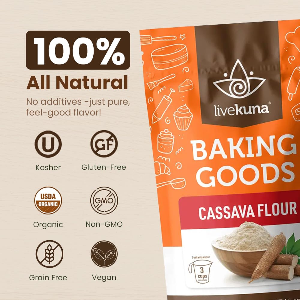 Livekuna - Cassava Flour, Cassava Root Baking Flour, Gluten-Free Flour, Alternative To All Purpose Flour, Spelt Flour, Great For